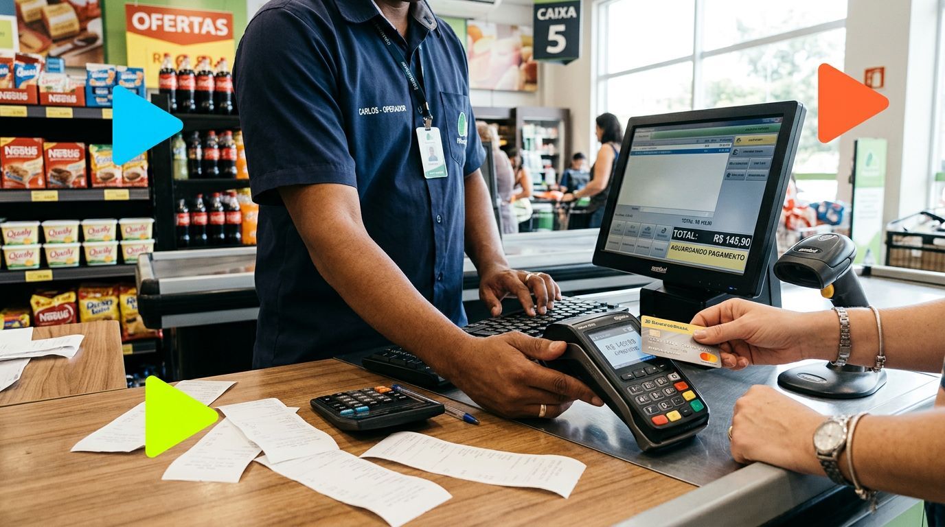 Pessoa pagando em caixa de supermercado com cartão