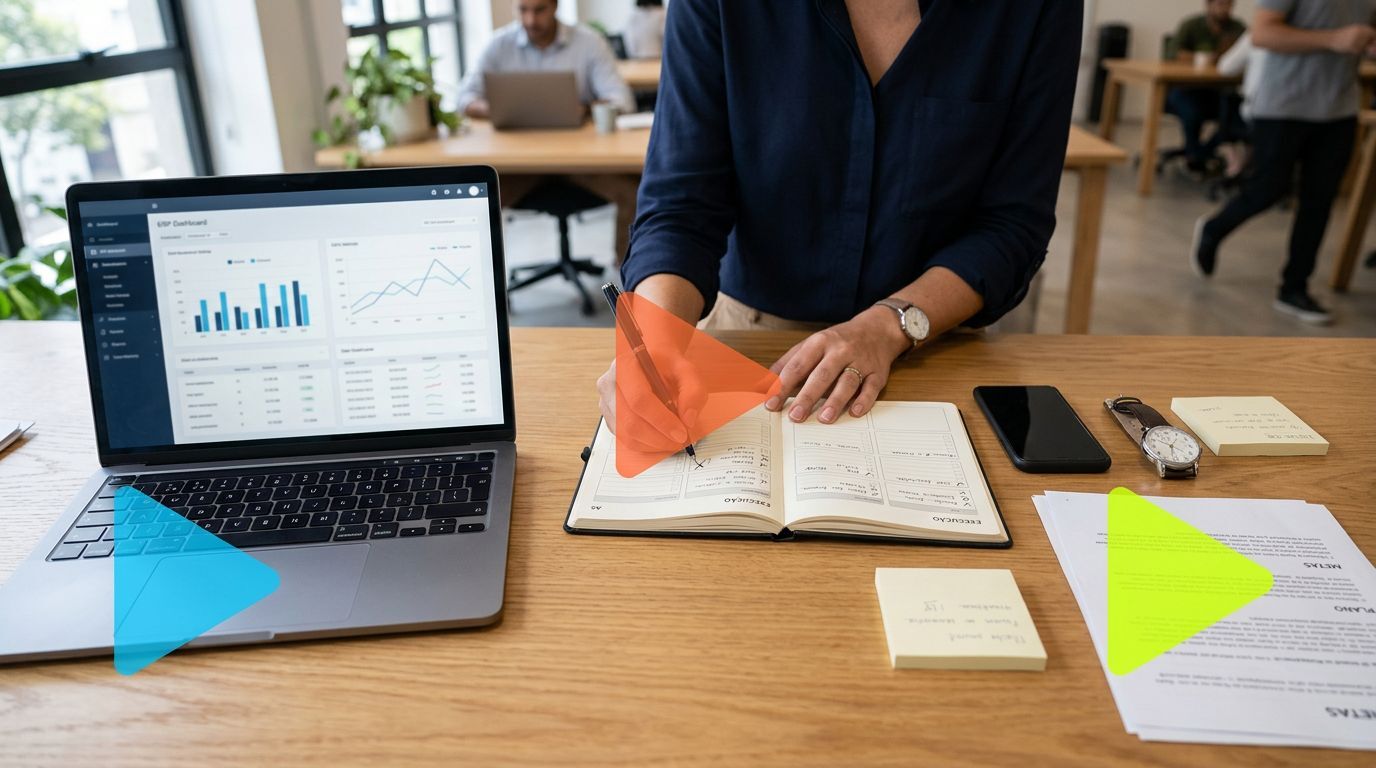 Pessoa anotando dados em caderno em escritório moderno