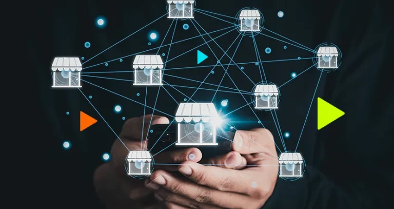 Empreendedorismo de franquias: gráfico com várias lojas espalhadas