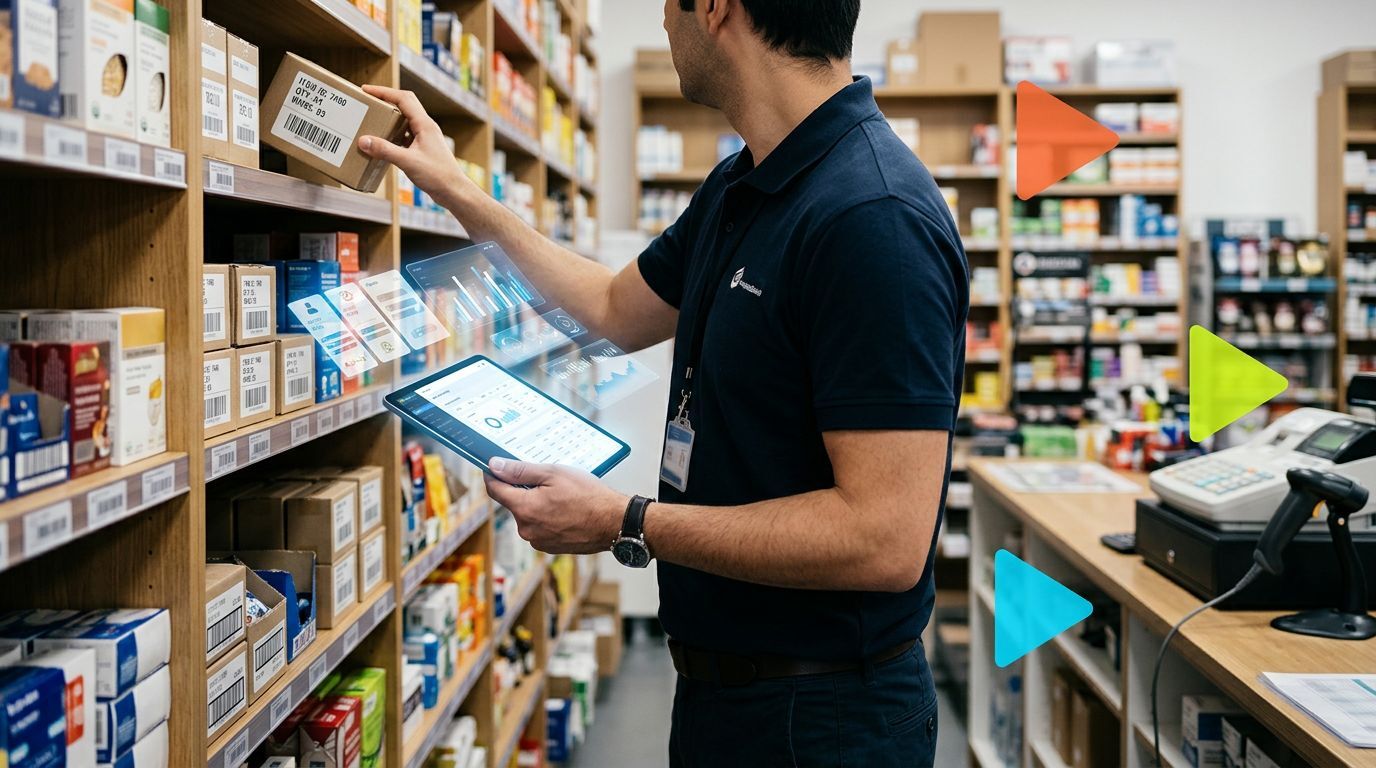 Funcionário organizando produtos em prateleira de farmácia
