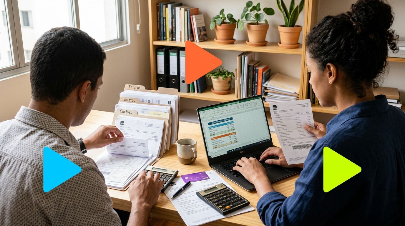 Duas pessoas organizando documentos e planilhas em casa