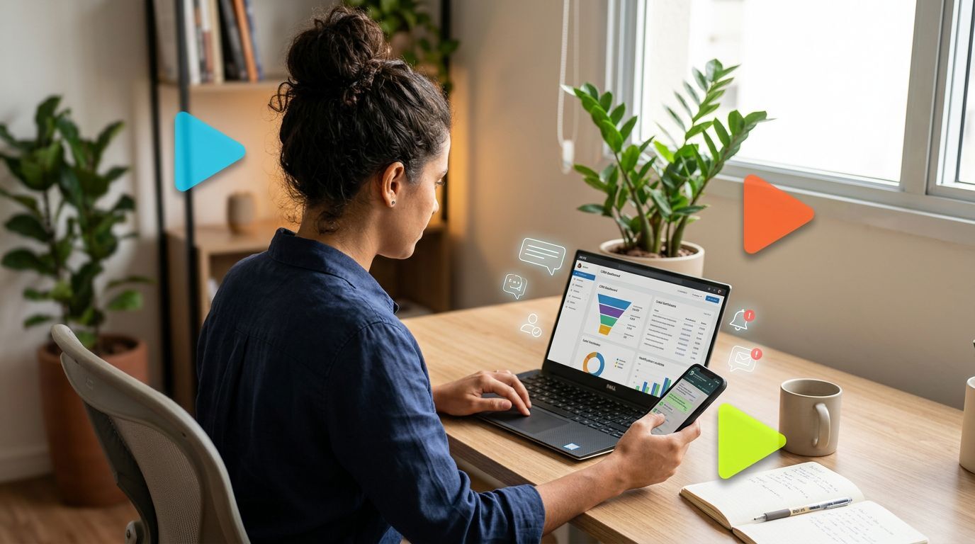 Mulher analisando gráficos em laptop e celular