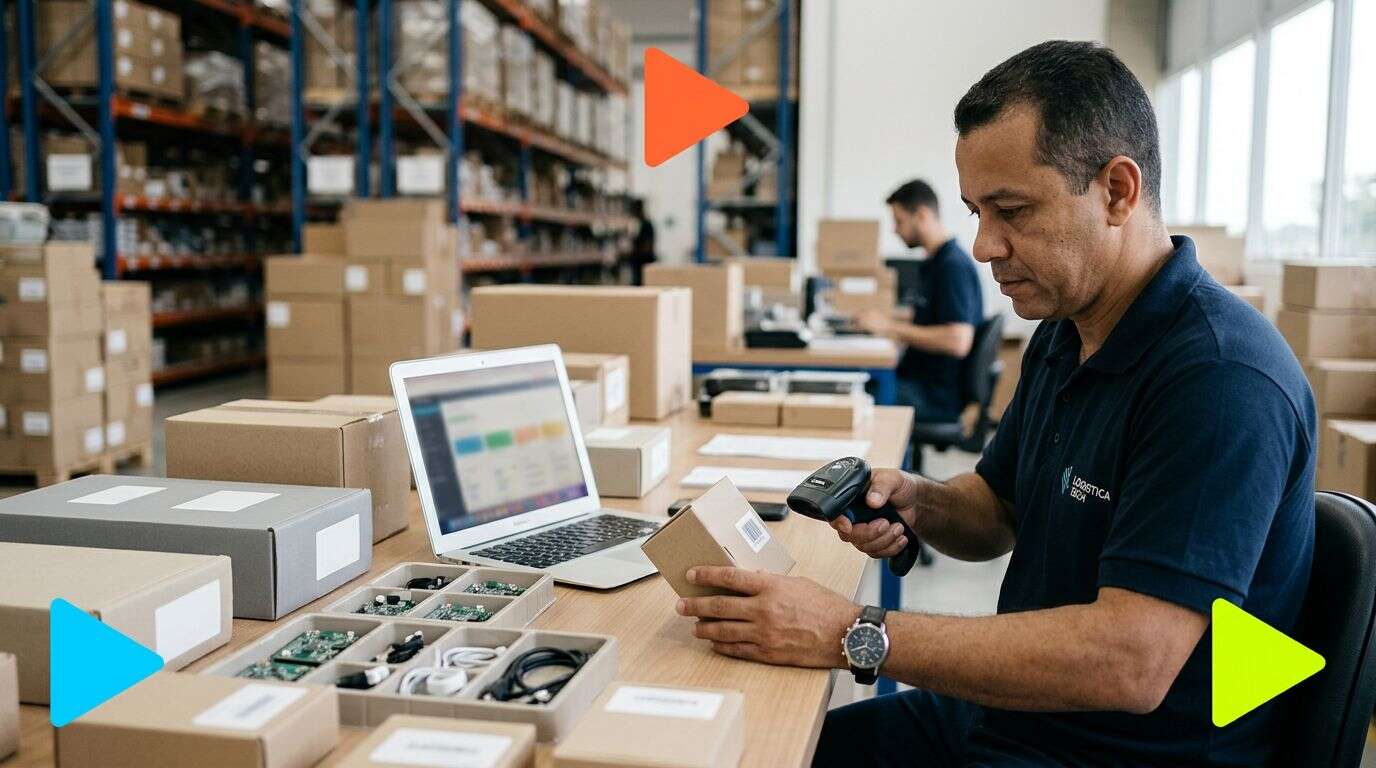 Funcionário escaneando box de produtos em estoque
