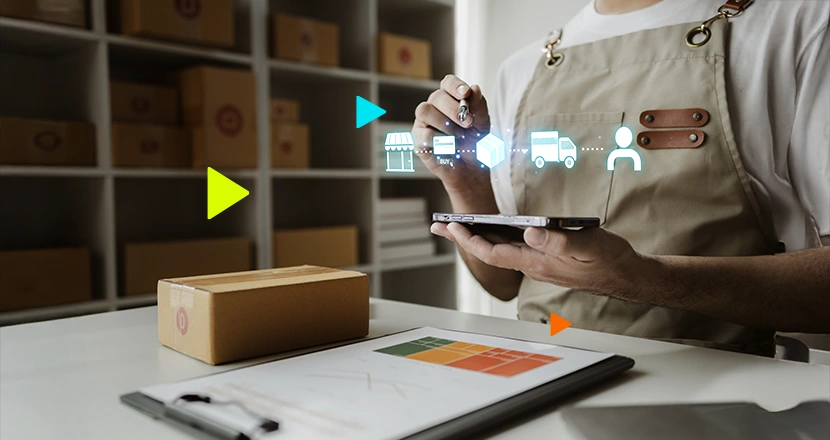 Empreendedor mexendo no celular e a ilustração com ícones ilustrando o que é erp na logística