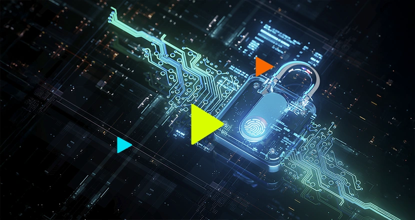 Ilustração de um cadeado e linhas luminosas se interligando para representar a segurança e privacidade do sistema erp