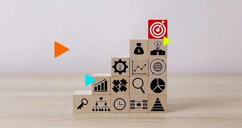 Blocos com ícones variados ilustrando os benefícios de integração entre cr e erp para atingir o alvo