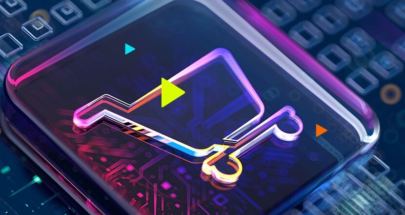 Ícone de compra digital em fundo tecnológico colorido.