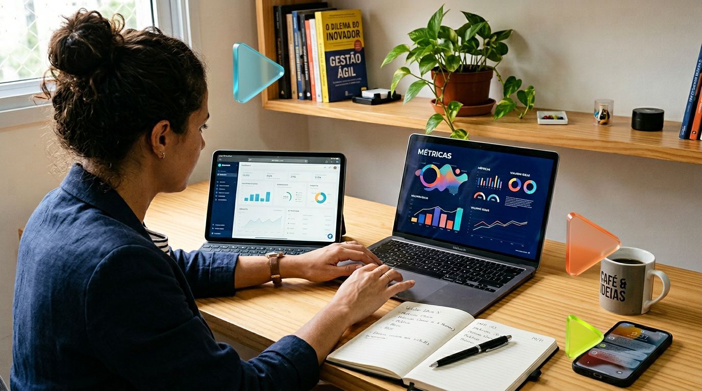 Pessoa analisando métricas em laptops sobre mesa