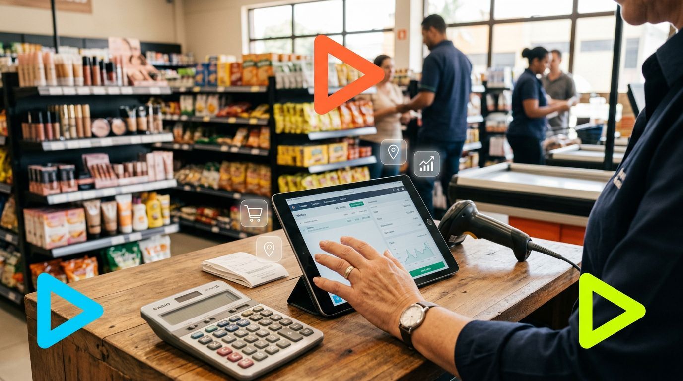 Atendente usando tablet em loja de conveniência.