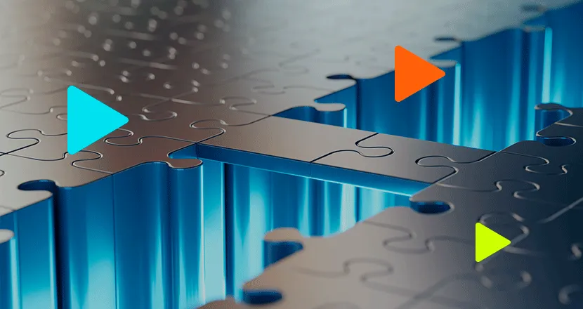 Metáfora visual de peças de quebra-cabeça formando uma ponte sobre fundo azul iluminado com elementos gráficos de vídeo.