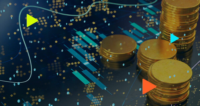 Gráfico financeiro com moedas em pilha e dados digitais.