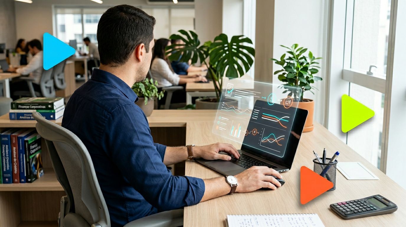 Homem trabalhando em computador com gráficos na tela