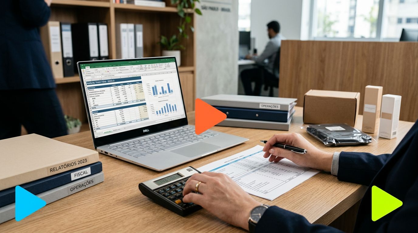 Tela de computador com gráficos e calculadora em mesa de escritório