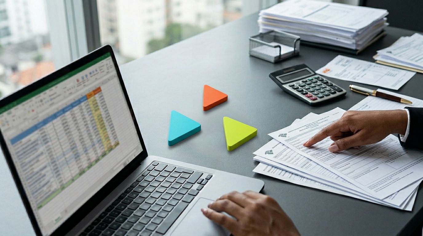 Mão apontando para documentos em mesa de escritório moderna