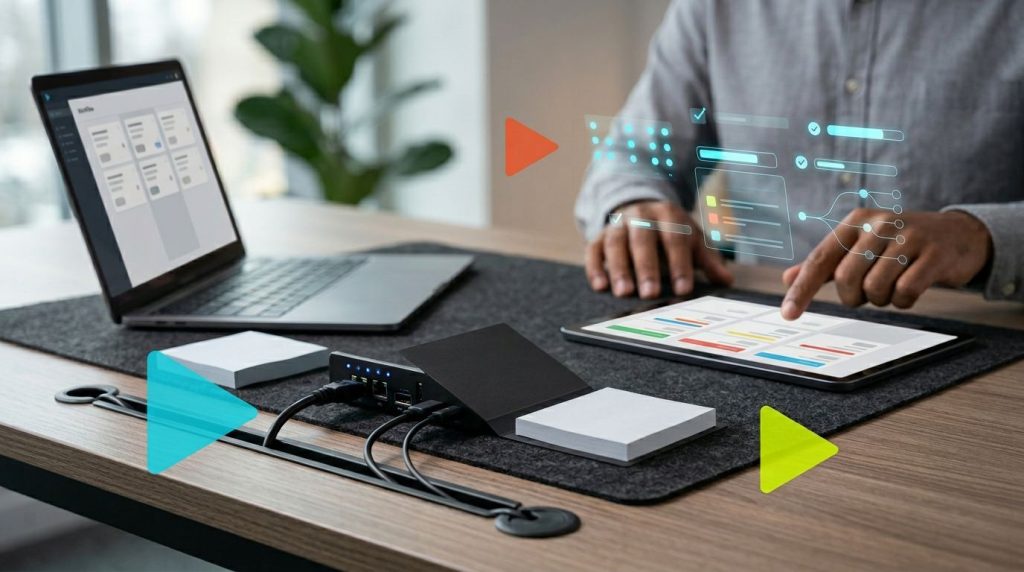 Mesa com laptop e tablet mostrando dados digitais