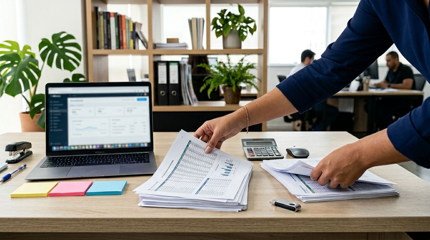 Mesa de trabalho com laptop e documentos organizados