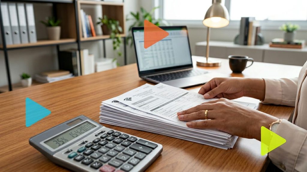 Pessoa revisando documentos com calculadora e laptop