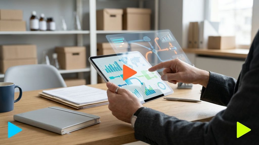 Pessoa usando tablet com gráficos de dados