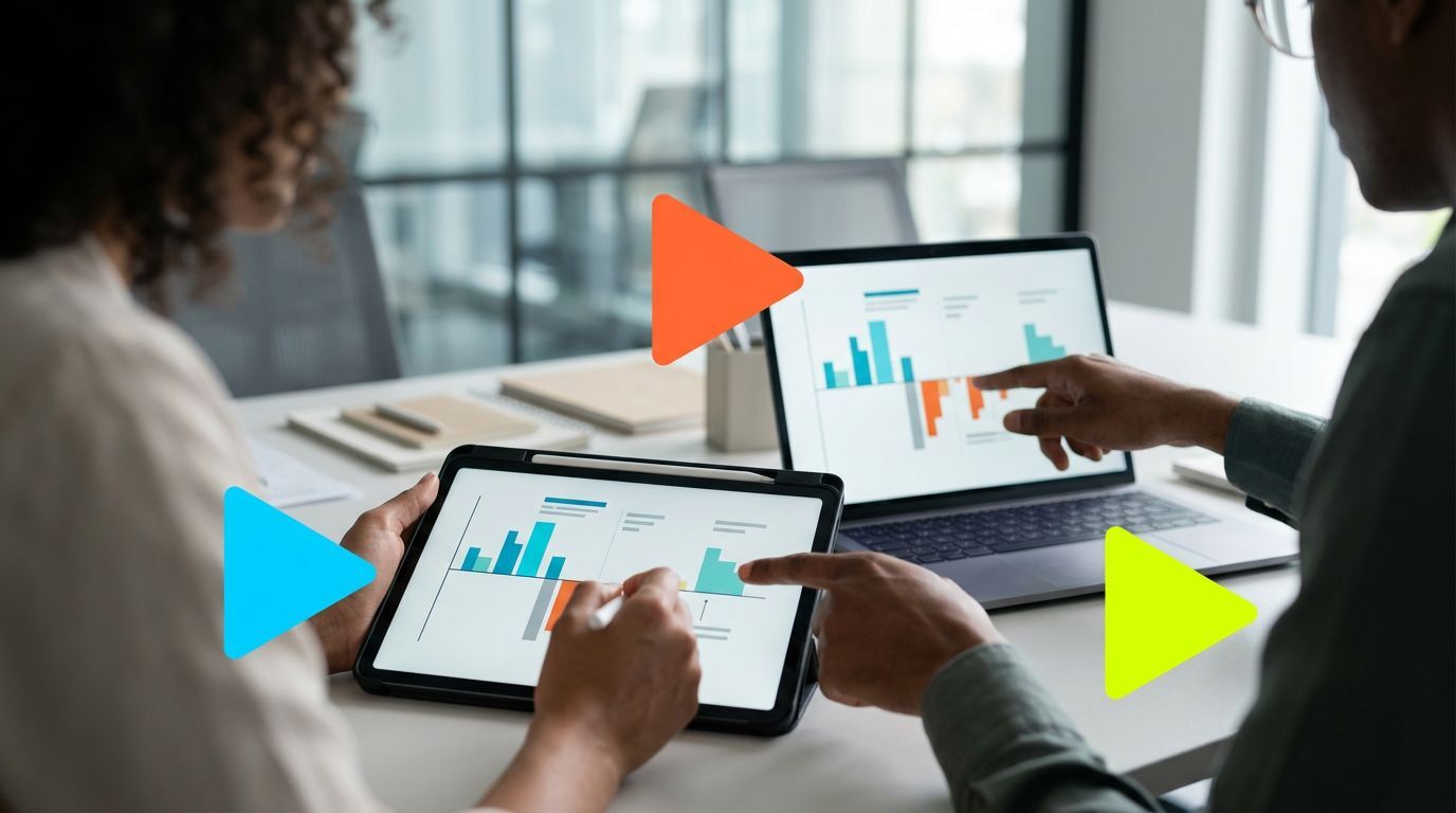 Reunião com gráficos em tablet e laptop