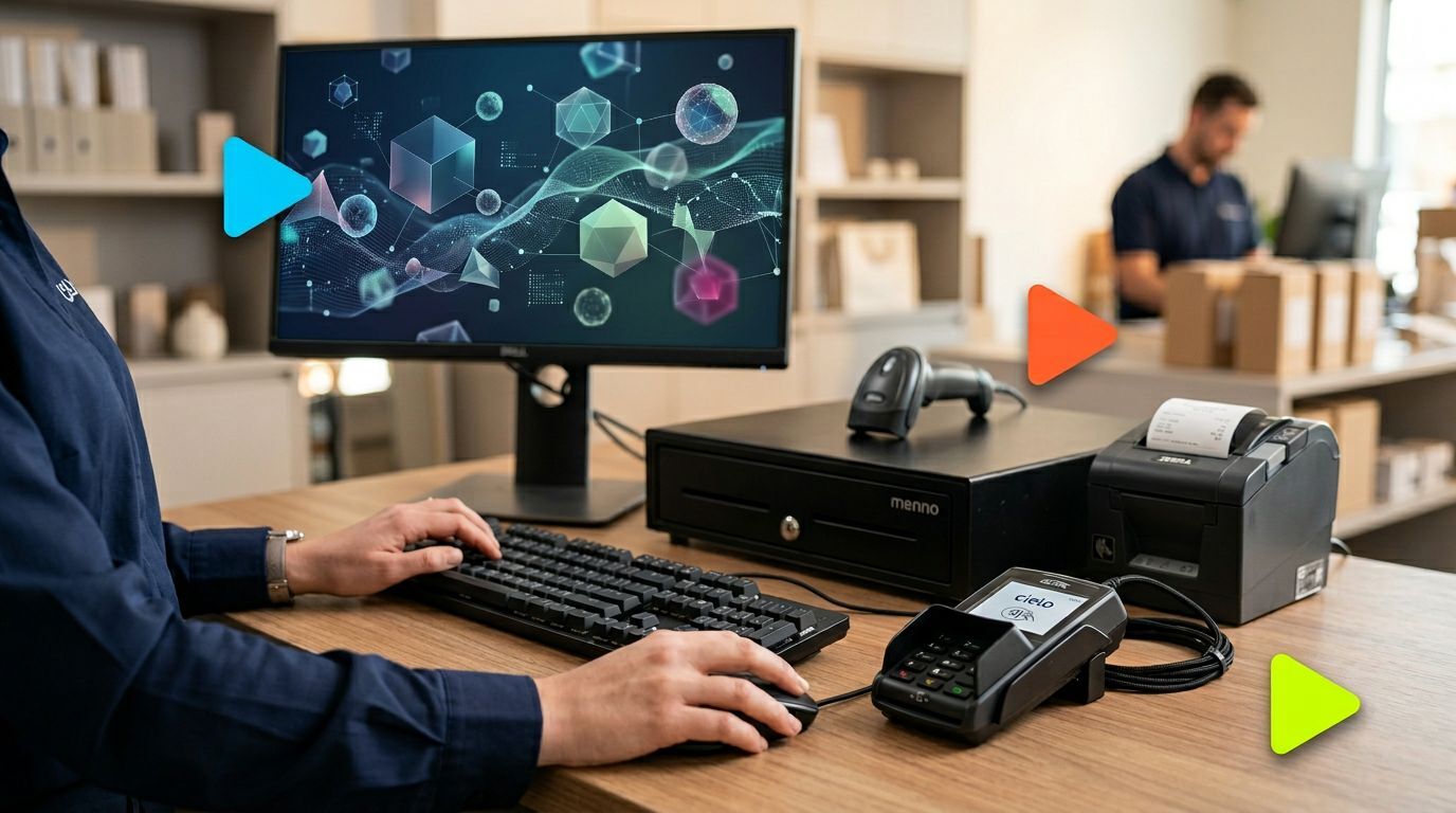 Sistema de checkout com computador e terminal de pagamento