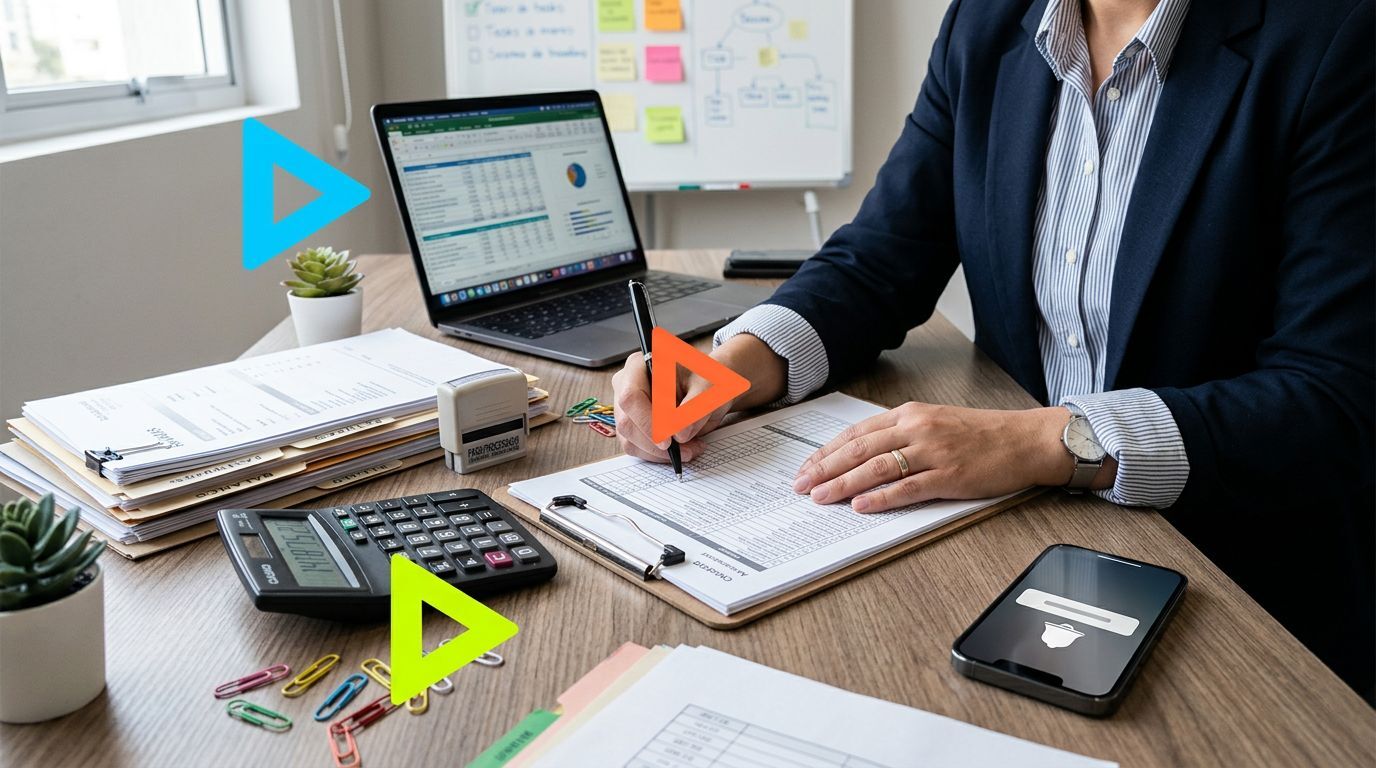 Pessoa trabalhando em mesa com computador e documentos