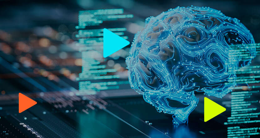 Cérebro digital com dados e setas coloridas