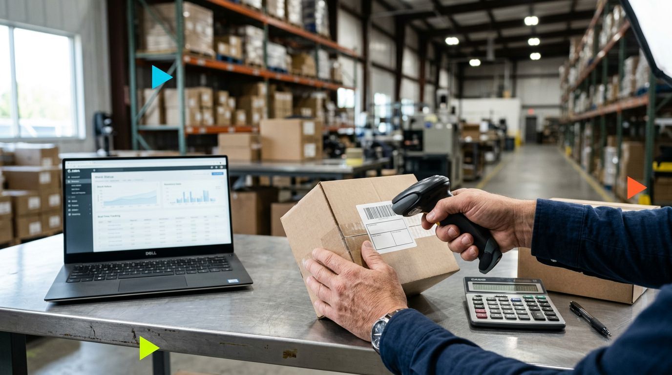 Homem digitalizando um código de barras em uma caixa