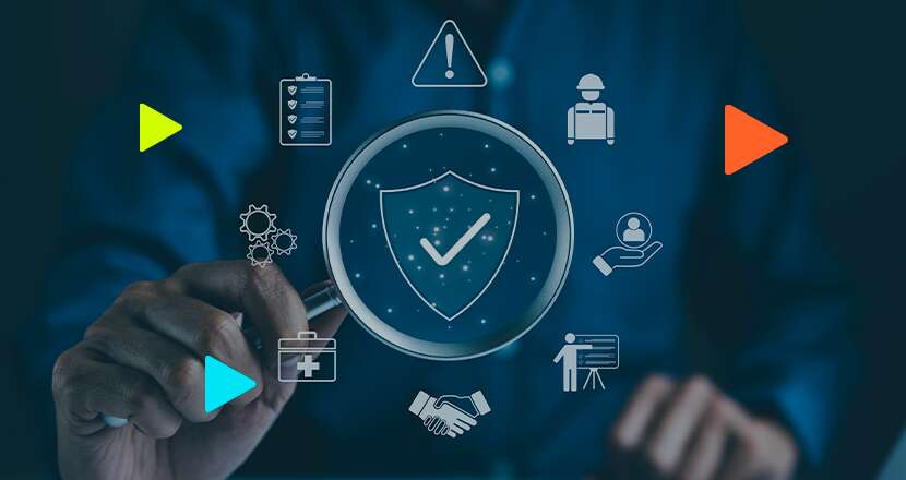 Ícones de segurança e gestão em fundo escuro