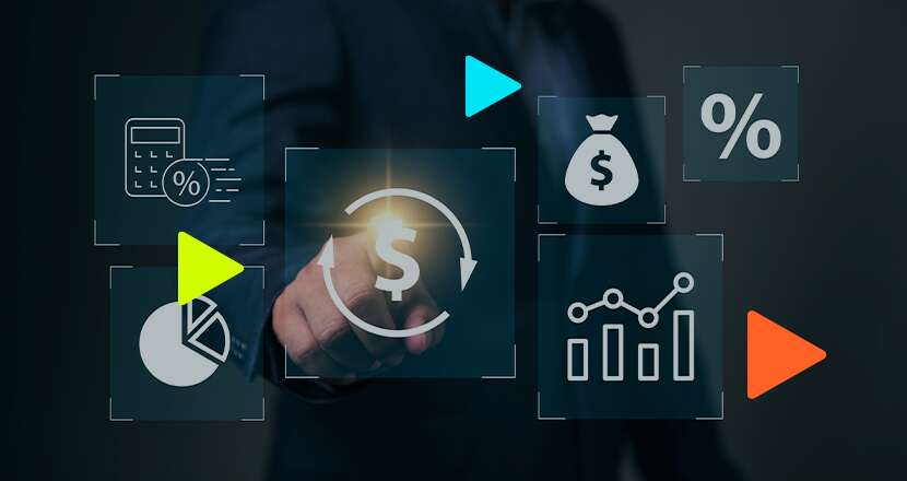 Homem interagindo com ícones financeiros digitais