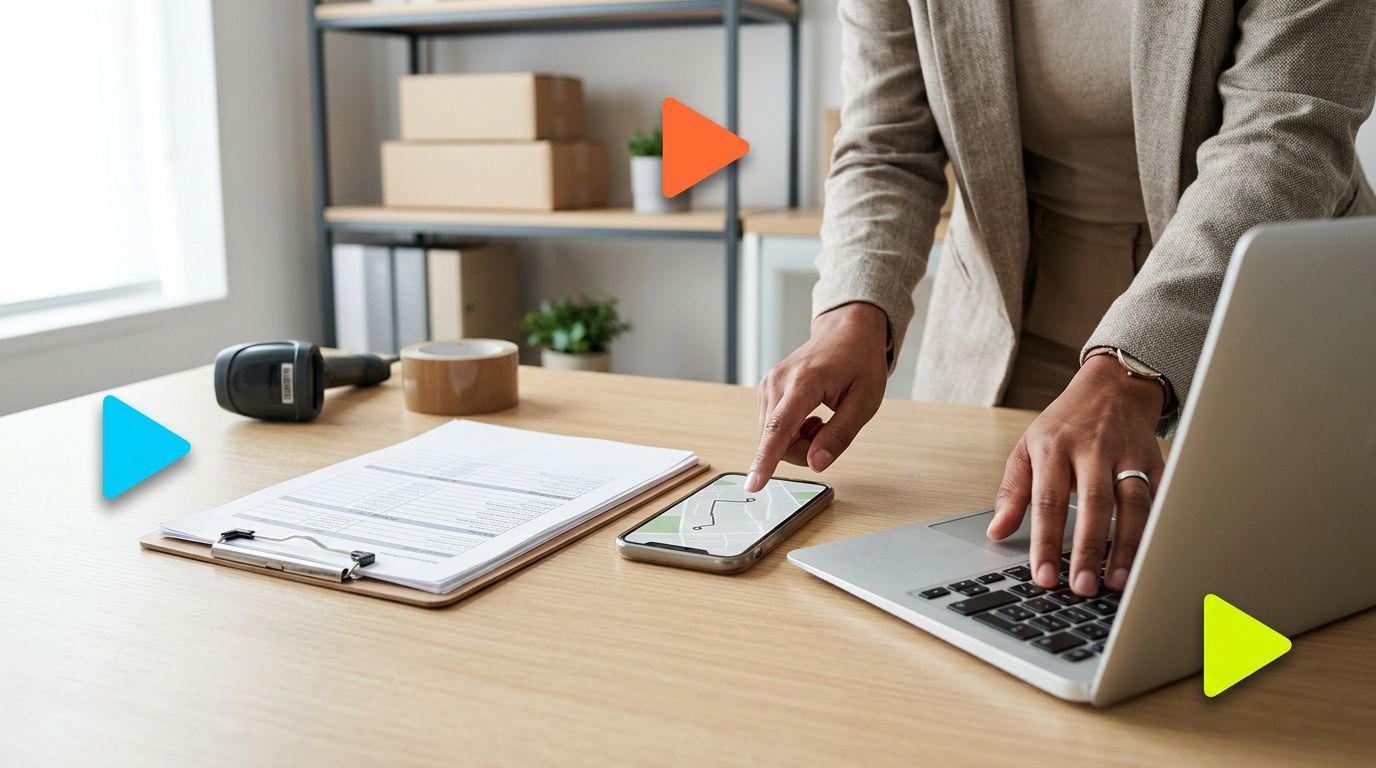 Profissional usando laptop e smartphone em mesa de trabalho.