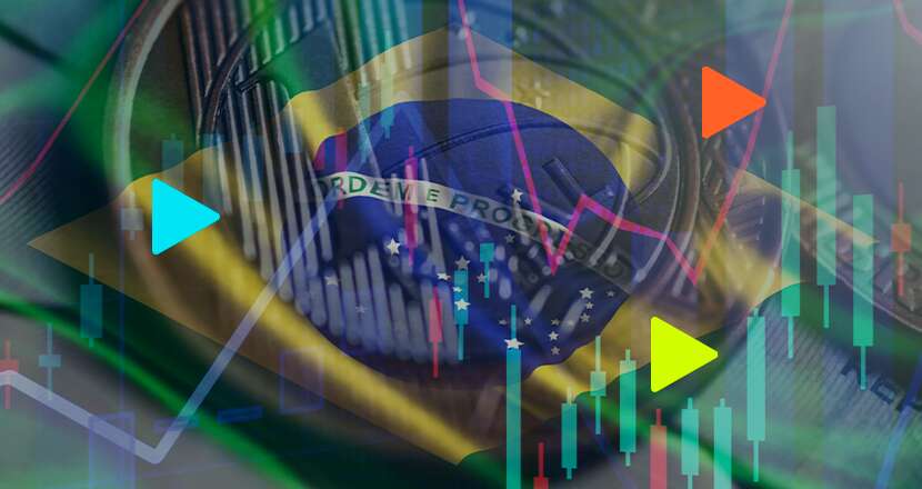 Moeda digital com bandeira do Brasil e gráficos financeiros