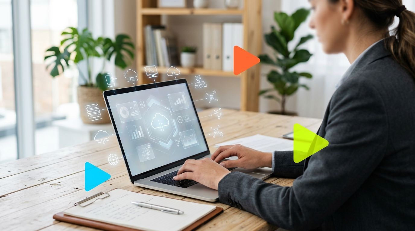 Mulher usando laptop com gráficos e ícones digitais.