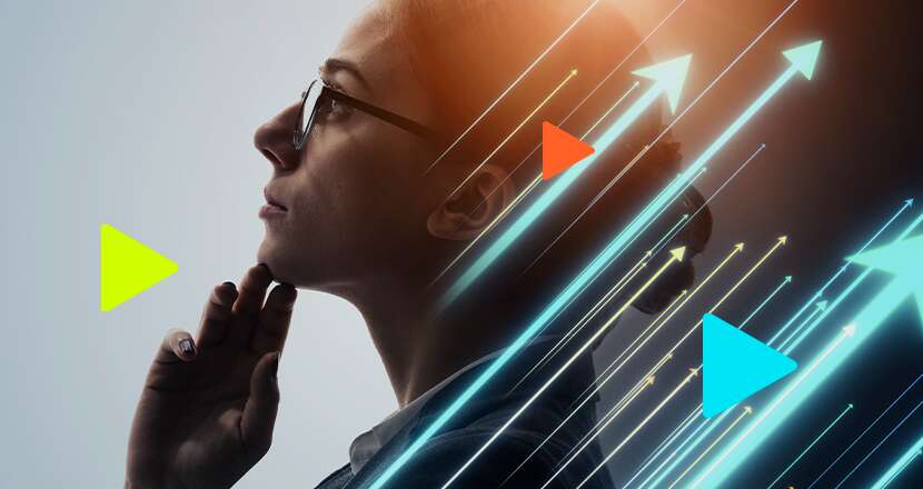 Mulher pensativa com setas coloridas ao fundo.