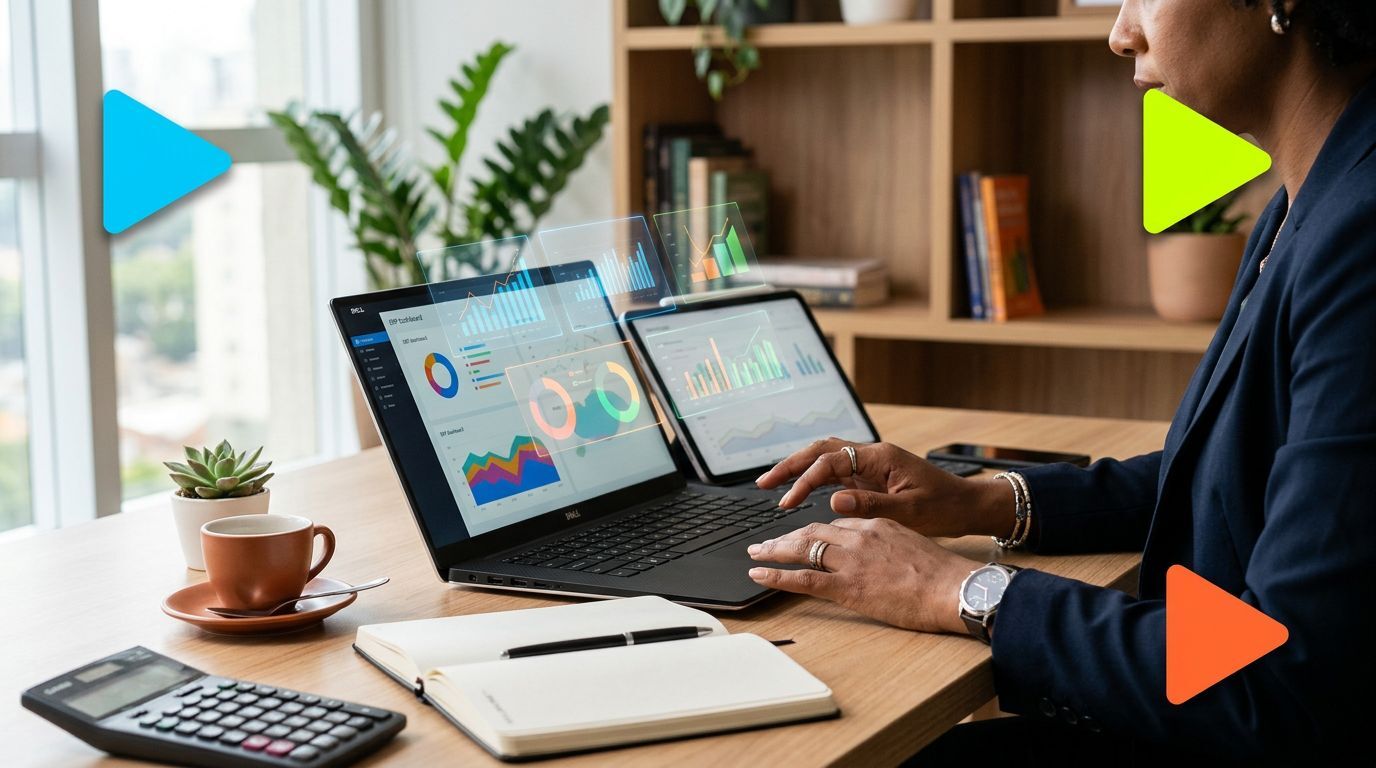 Pessoa analisando gráficos em laptops no escritório