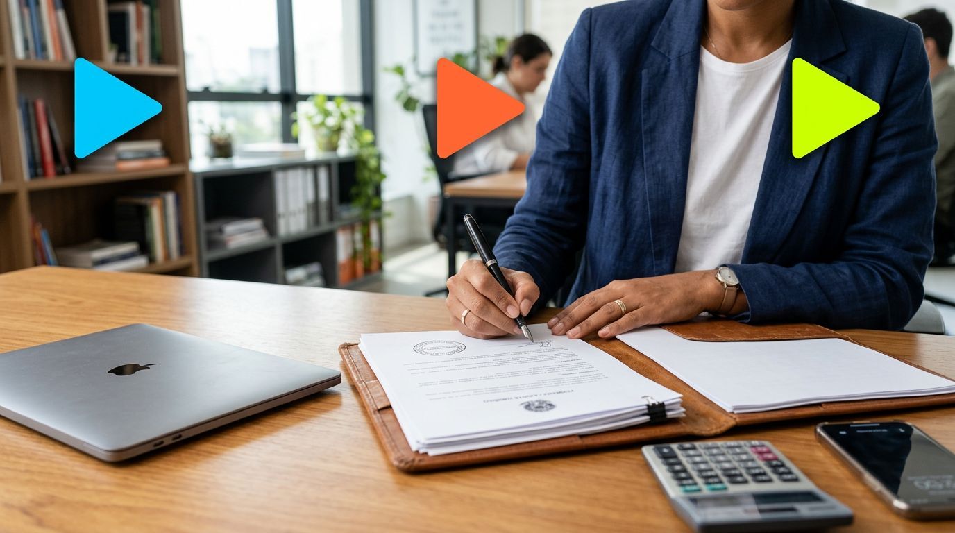 Pessoa assinando documentos em um escritório moderno.