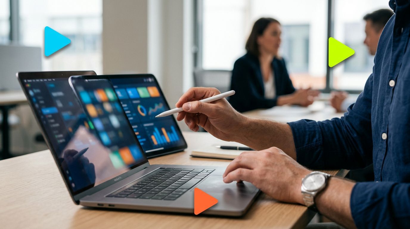 Pessoa trabalhando em laptops com gráficos e dados.