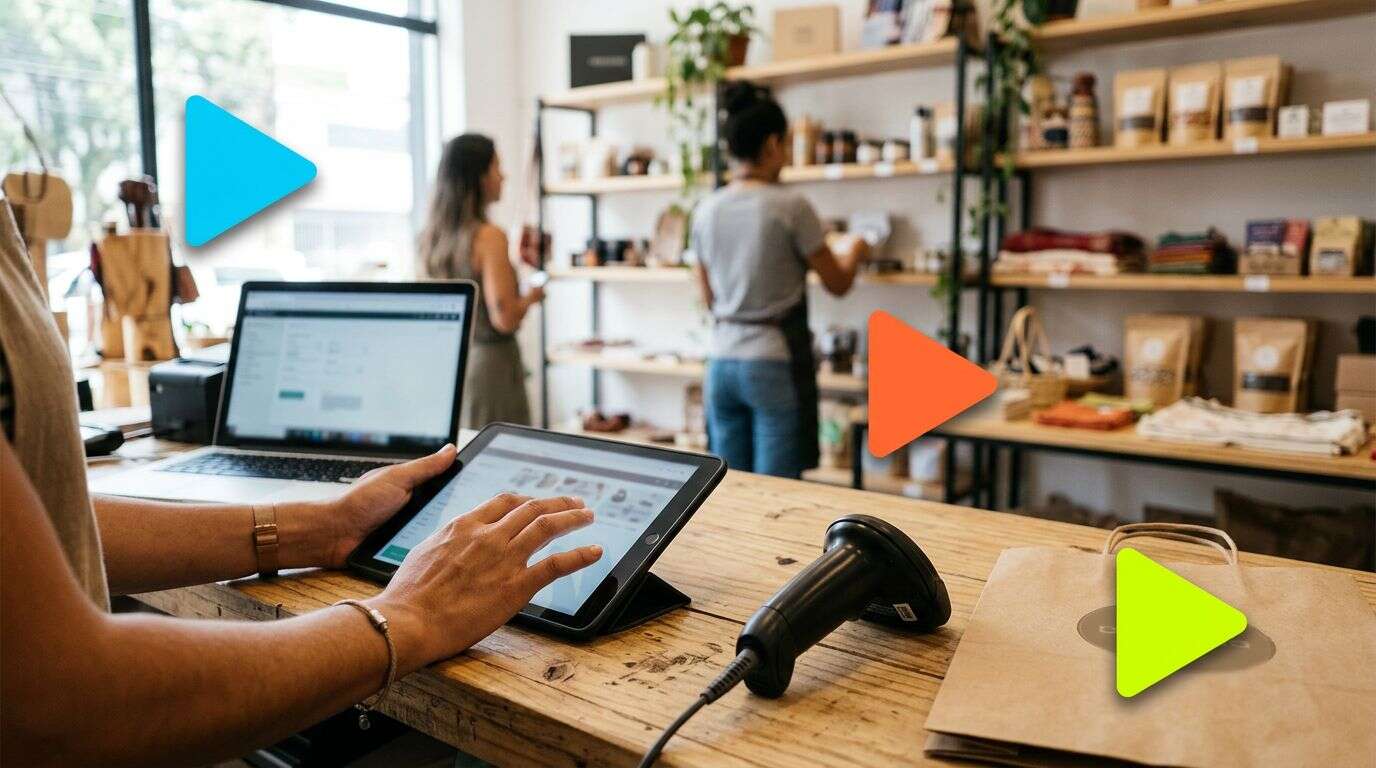 Pessoa usando tablet em loja, clientes ao fundo