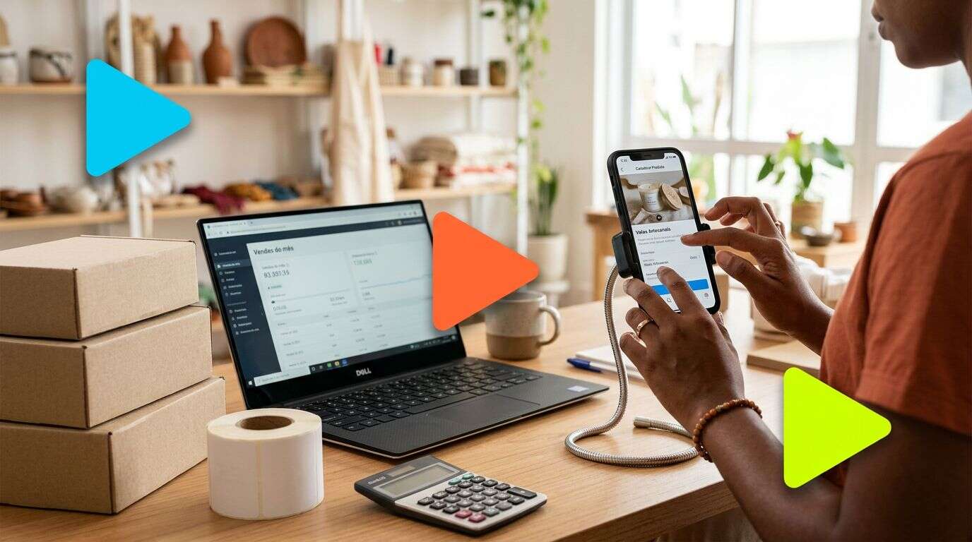 Pessoa utilizando smartphone e computador em ambiente de trabalho.