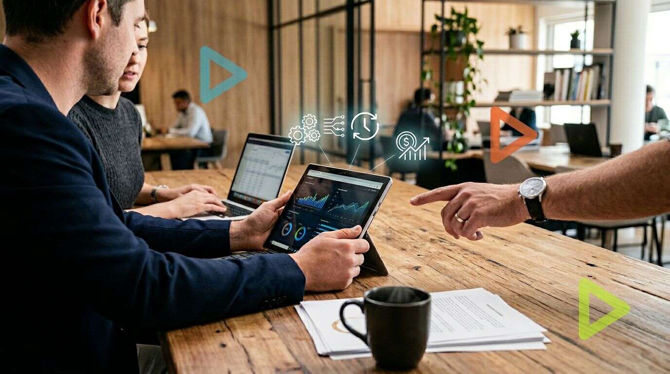 Reunião sobre análise de dados com equipes em escritório.