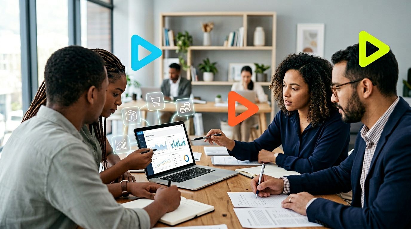 Reunião de equipe analisando dados em um laptop