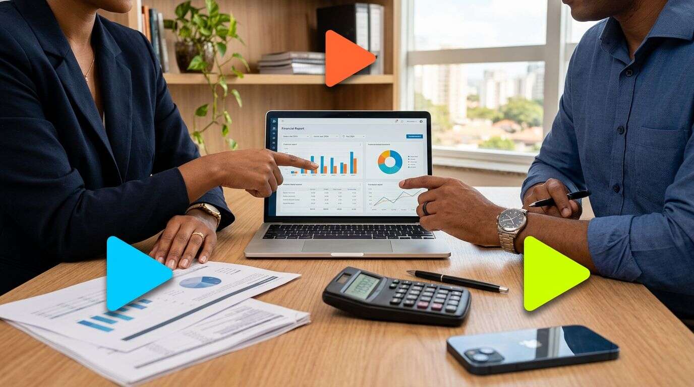 Reunião com gráficos em laptop e documentos.