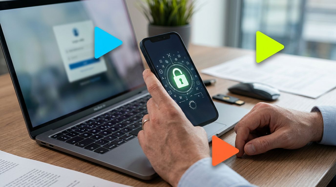 Pessoa segurando smartphone com ícone de segurança digital.