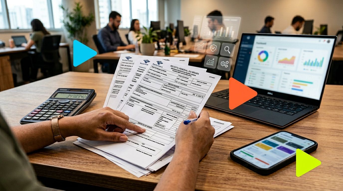 Pessoas trabalhando em escritório com relatórios e laptop