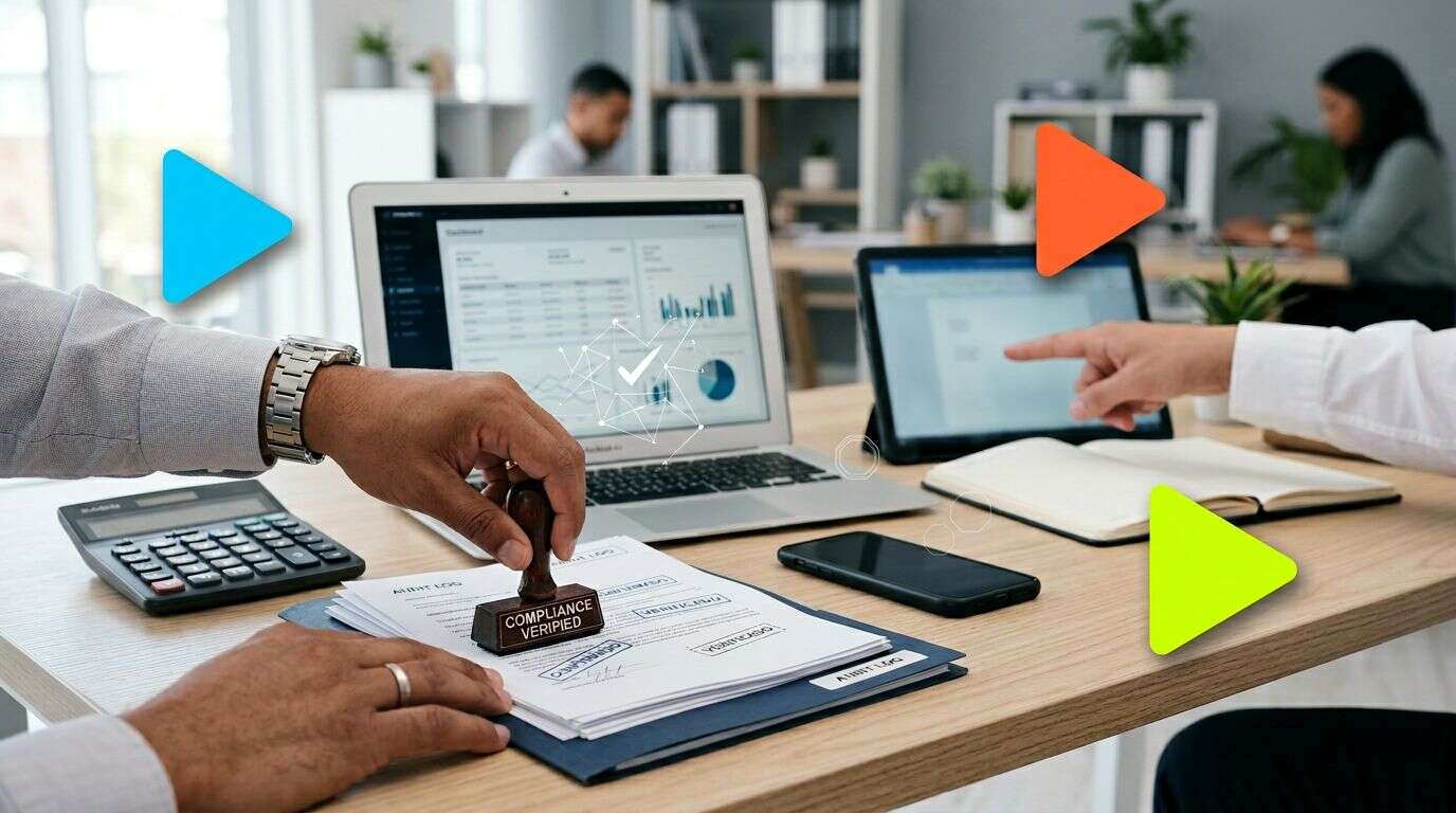 Mãos em mesa com documentos e dispositivos eletrônicos.