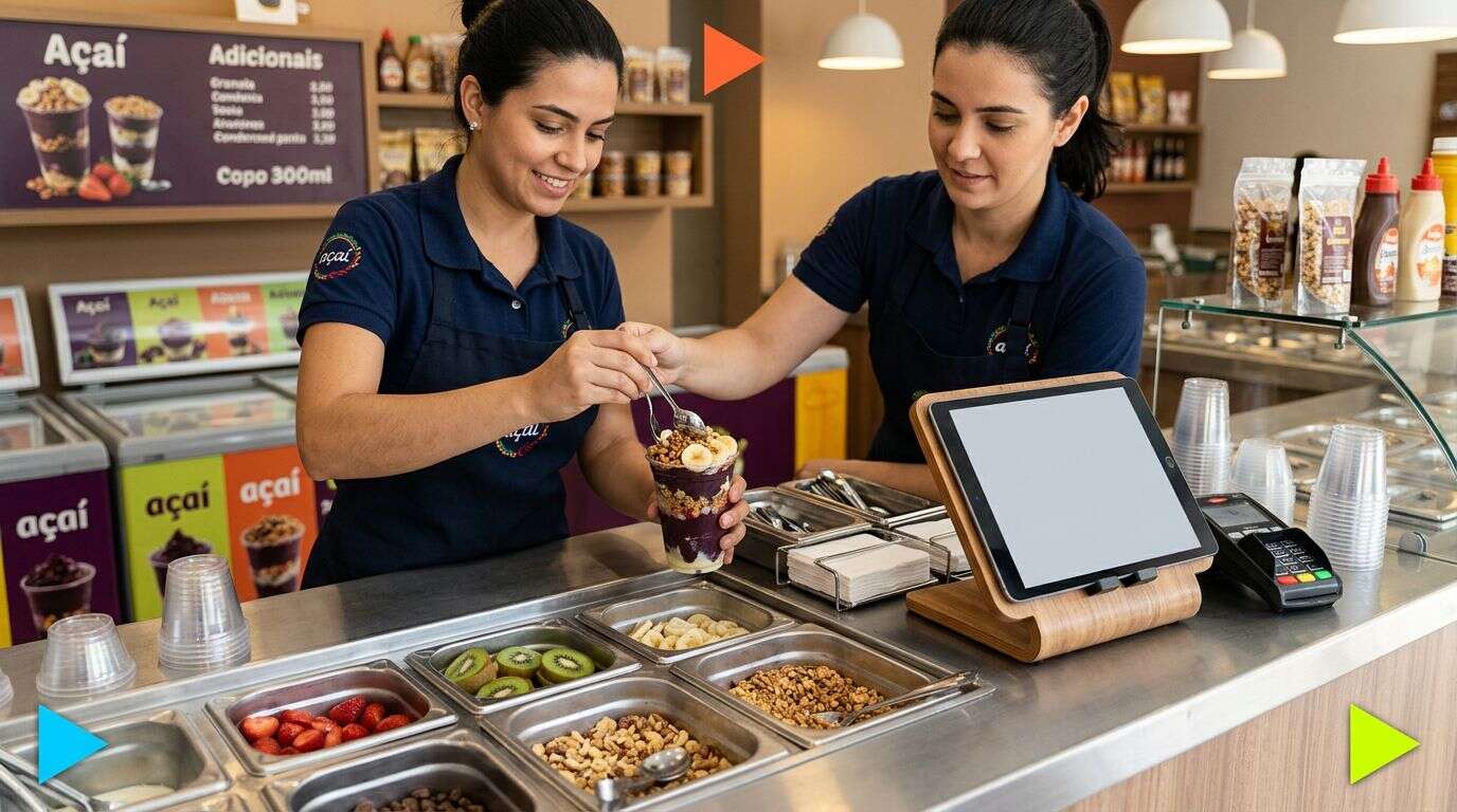 Duas funcionárias servindo açaí no balcão