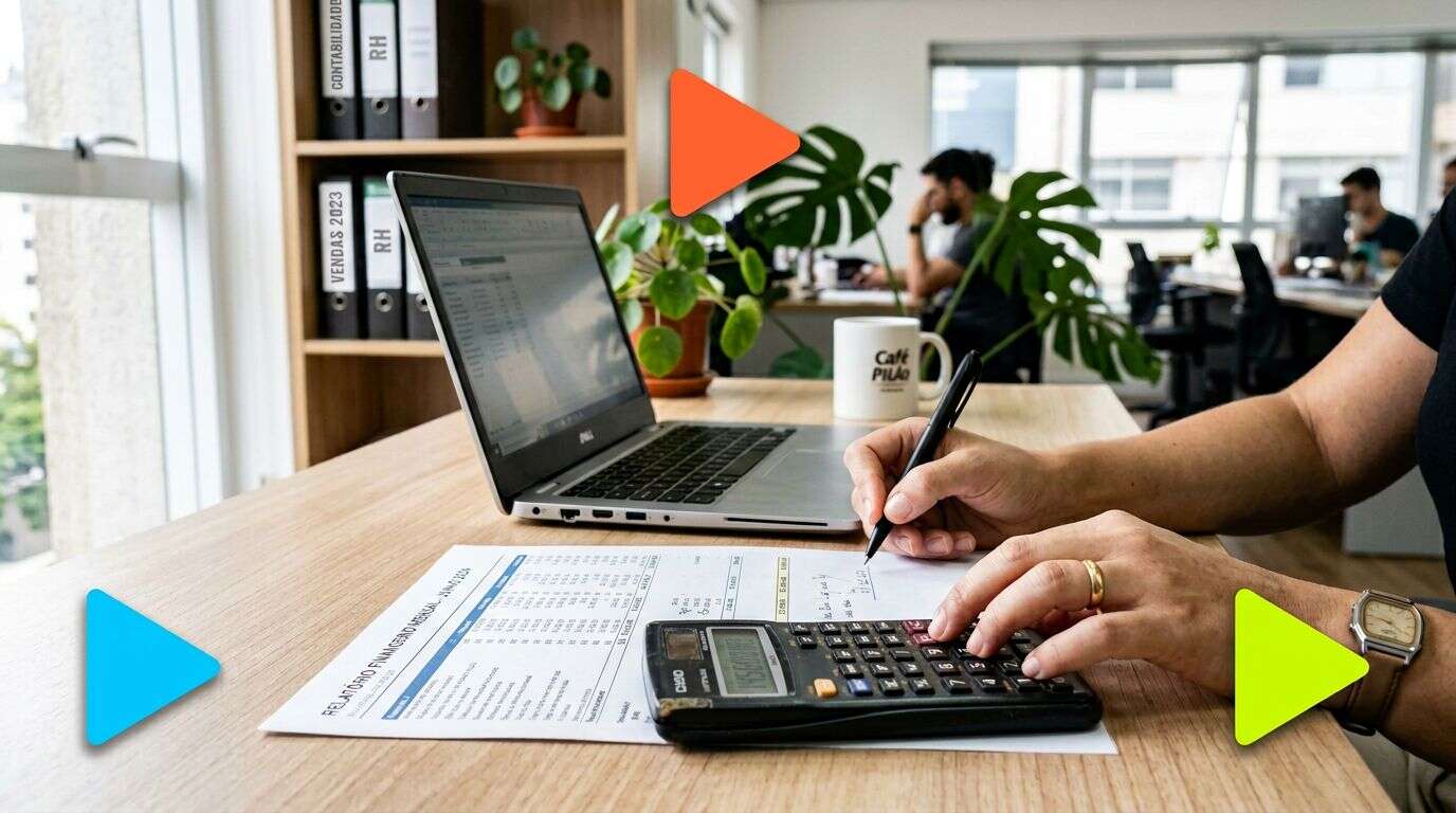 Pessoa usando calculadora em mesa de escritório