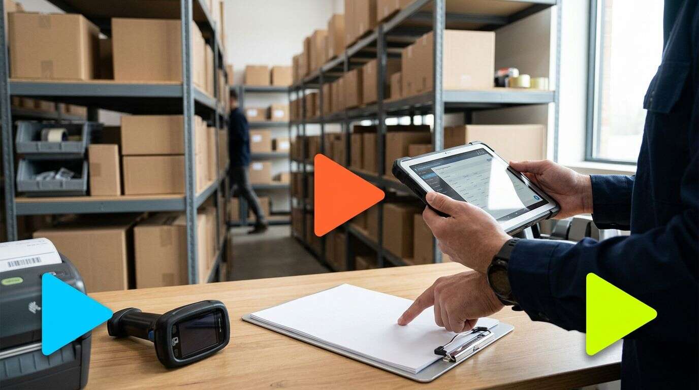 Pessoa usando tablet em estoque de armazém