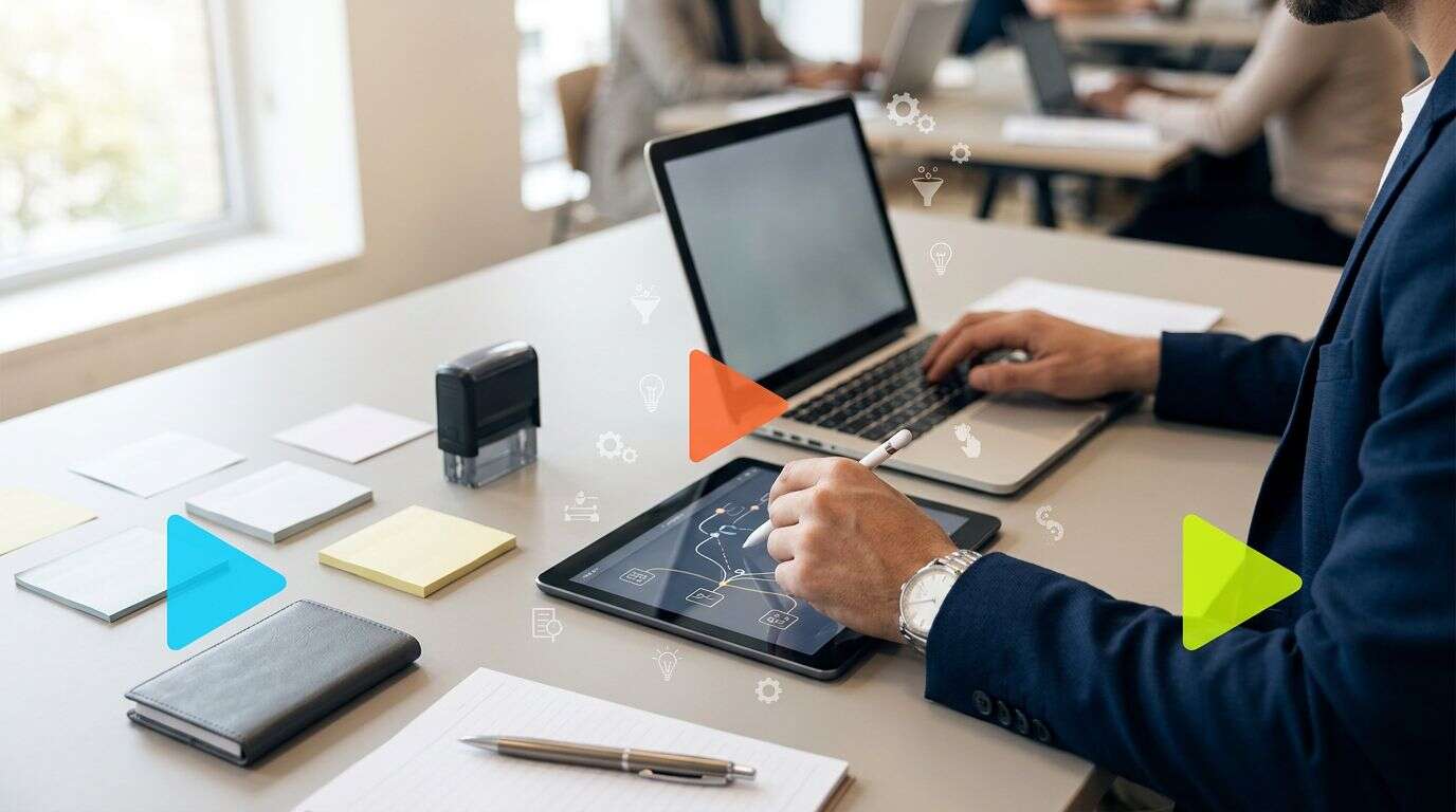 Profissional usando tablet e laptop em mesa de trabalho