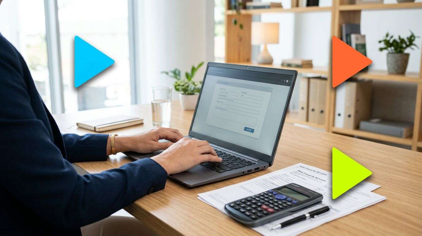 Pessoa trabalhando em laptop com documentos e calculadora