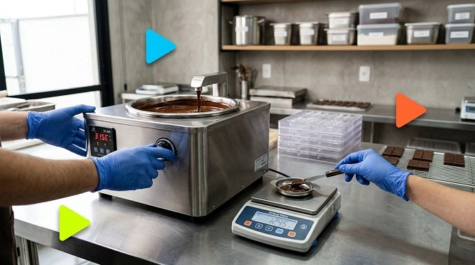 Pessoas de luvas azuis usam derretedeira industrial de chocolate e balança digital em uma cozinha profissional.